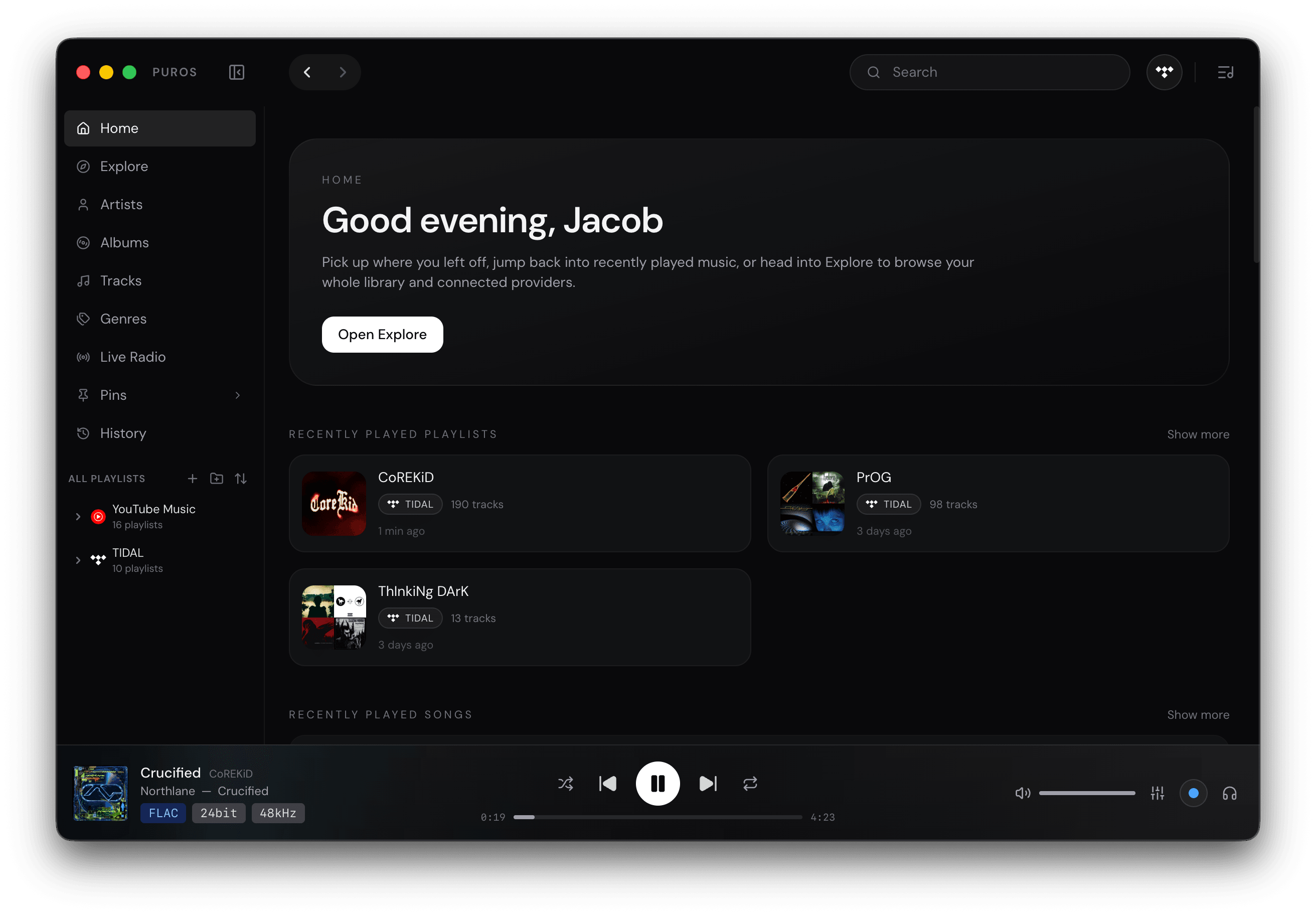 Puros home screen: recently played playlists and a FLAC 24-bit / 48 kHz track in the player bar